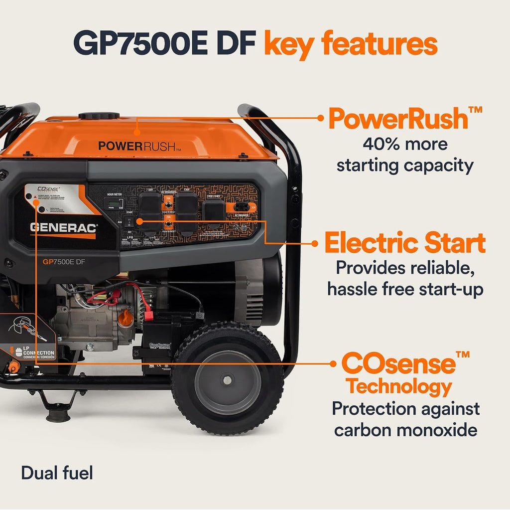Generac 12,500 Starting Watt Tri-Fuel Portable Generator, Electric Start | Gas, Propane, Or Natural Gas Fuel Options, COsense CO Detection, 9.5 Hour Runtime, Emergency Home Backup, 49 State Compliant