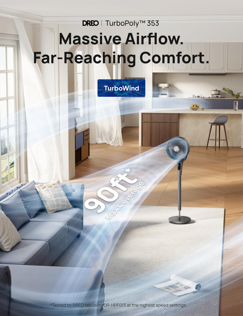 DREO Fan for Bedroom, 2026 Upgraded, 90ft Airflow, 20dB Quiet Fan, 90° Oscillating Standing Fan for Whole Room, DC Motor, 8+H Speeds, 3 Modes, 38-42'' Adjustable Height, 8H Timer, 105° Manual Vertical
