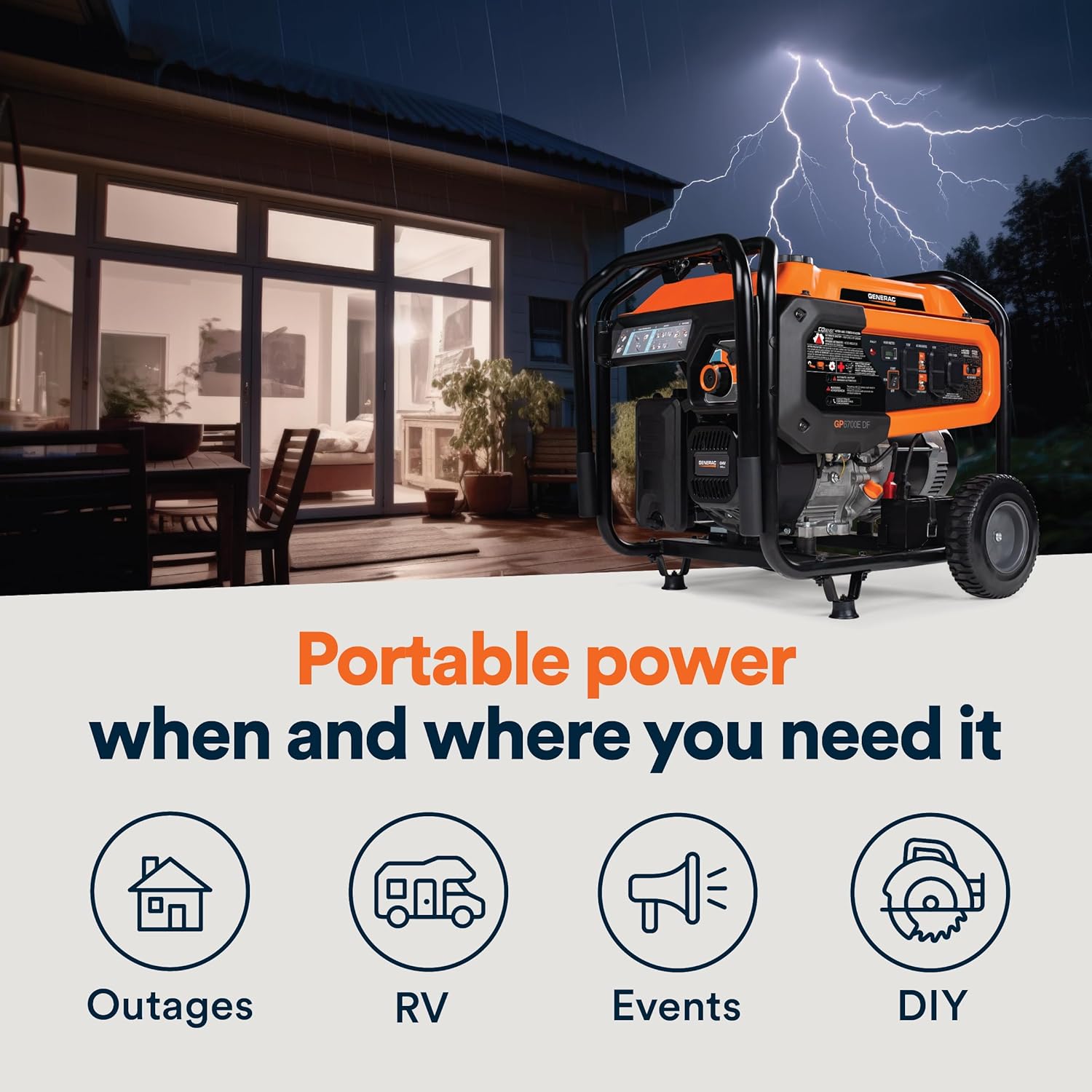 Generac 12,500 Starting Watt Tri-Fuel Portable Generator, Electric Start | Gas, Propane, Or Natural Gas Fuel Options, COsense CO Detection, 9.5 Hour Runtime, Emergency Home Backup, 49 State Compliant