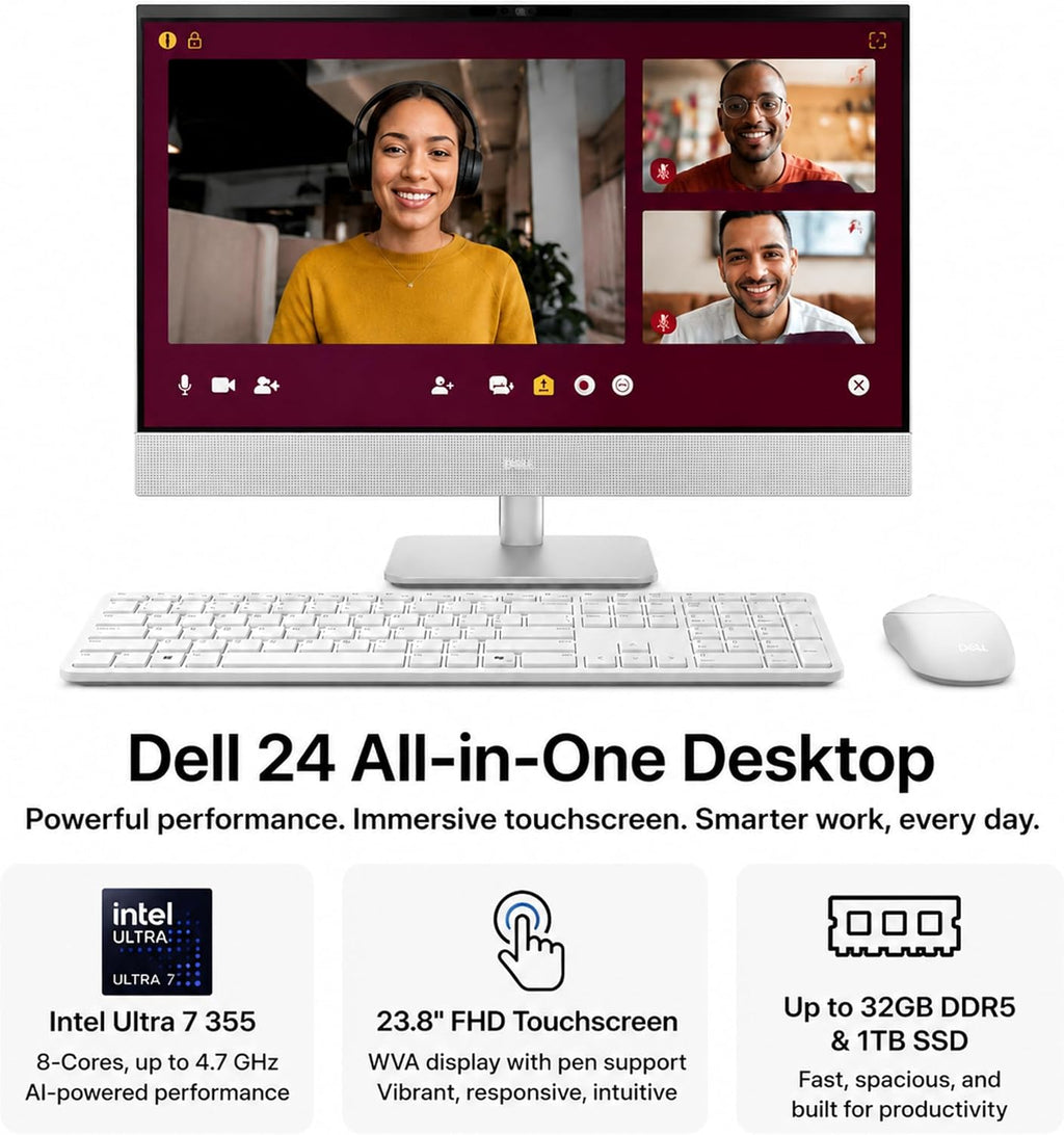 Dell 23.8" All-in-One Desktop Computer, FHD Touchscreen, Intel Core Ultra 7 Series 3 Processor, Copilot+ PC, 32GB DDR5 RAM, 1TB PCIe SSD, Wi-Fi 6E, Bluetooth 5.3, Windows 11 PRO, Wireless KB & Mouse