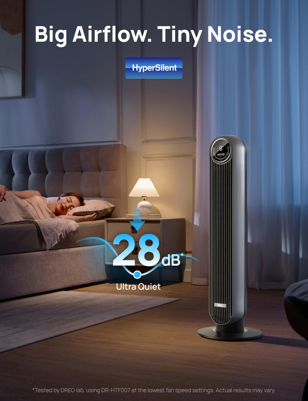 DREO Tower Fan for Bedroom, 28ft/s Velocity, 20dB Ultra Quiet, 8 Speeds | 2026 Upgraded DC Motor, 90° Oscillating, 4 Modes Standing Fan, Bladeless Fan for Indoors, Floor Fans with Remote, Black