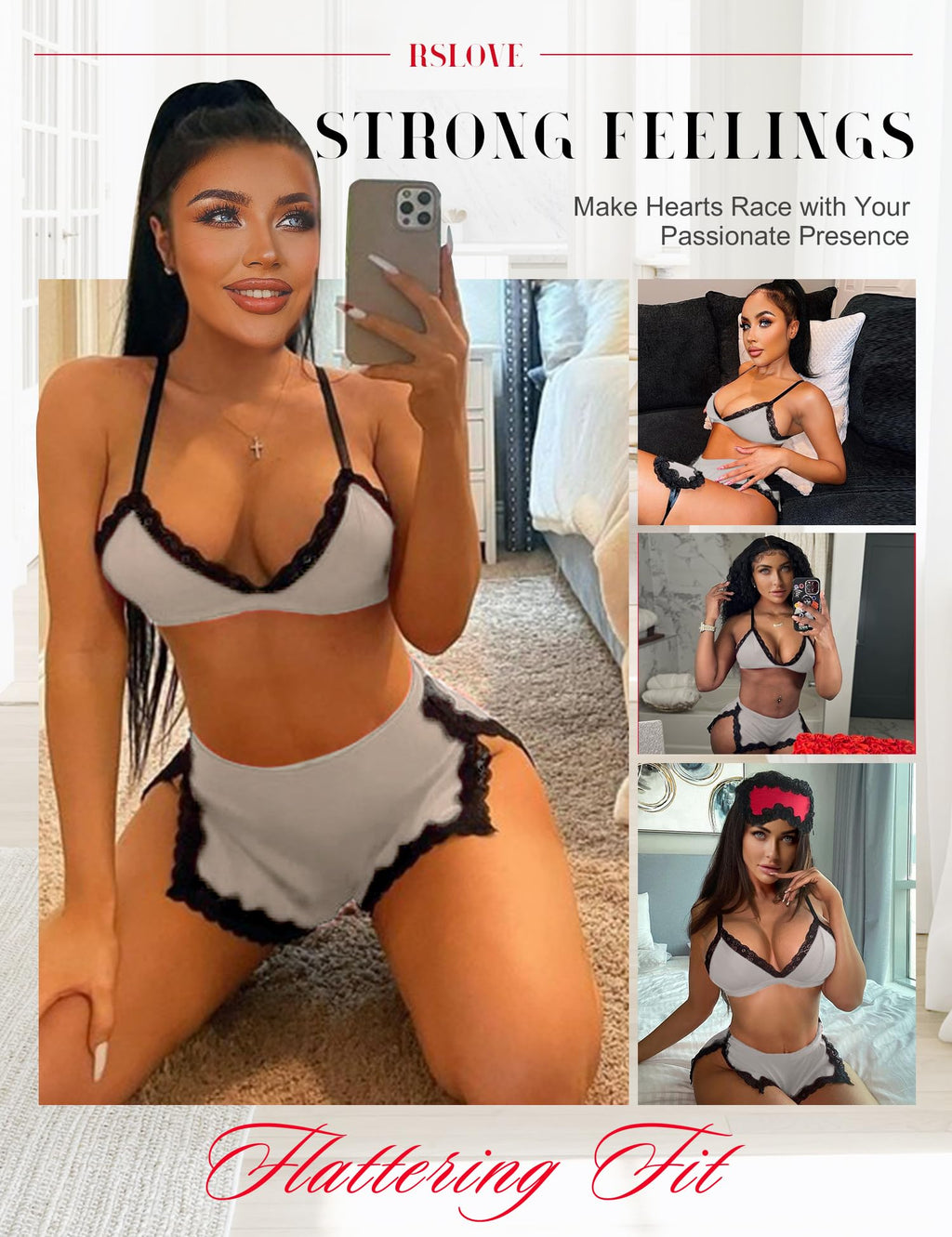 RSLOVE Sexy Pajamas for Women Soft Lingerie Set Lace Trim Sleepwear 2 piece Pjs Shorts Set
