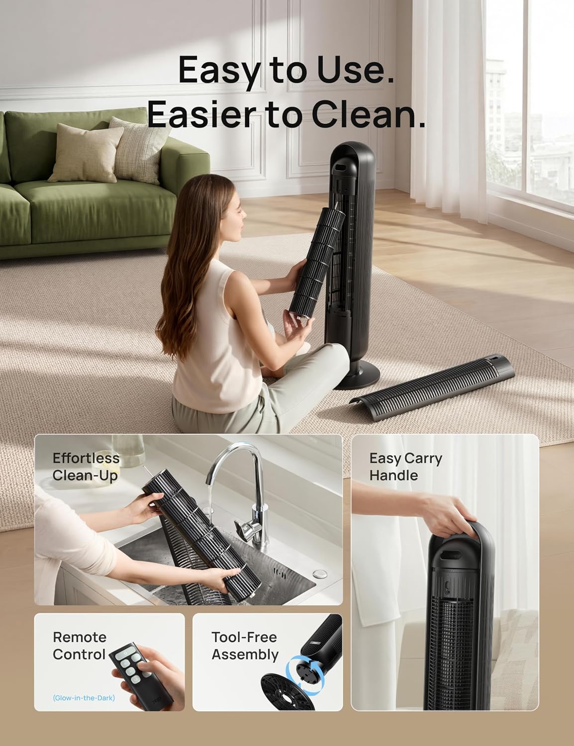 DREO Tower Fan for Bedroom, 28ft/s Velocity, 20dB Ultra Quiet, 8 Speeds | 2026 Upgraded DC Motor, 90° Oscillating, 4 Modes Standing Fan, Bladeless Fan for Indoors, Floor Fans with Remote, Black