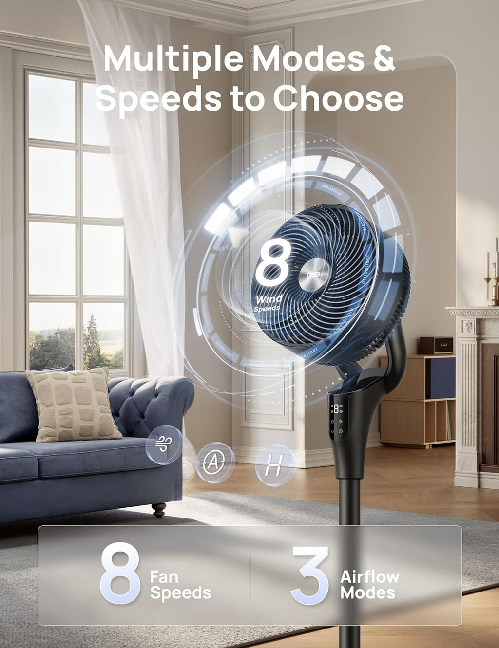 DREO Fan for Bedroom, 2026 Upgraded, 90ft Airflow, 20dB Quiet Fan, 90° Oscillating Standing Fan for Whole Room, DC Motor, 8+H Speeds, 3 Modes, 38-42'' Adjustable Height, 8H Timer, 105° Manual Vertical