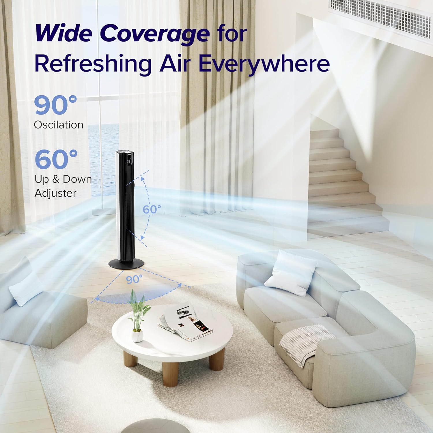 Levoit Tower Fan for Bedroom, 28ft/s Fans that Blow Cold Air, 28dB Quiet | Standing Floor Fan for Room, 90° Oscillating, 5 Speeds 4 Modes & Temp Sensor, Bladeless, 12H Timer, Remoter, 36 inch, White
