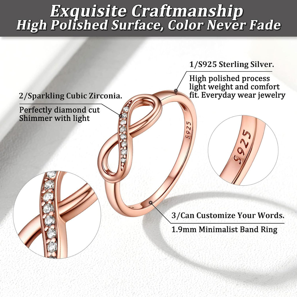 Bestyle Simple S925 Sterling Silver Infinity Rings Cubic Zirconia Rings, Nice Cute BFF Friendship Rings, Dainty Eternity Promise Wedding Bands Perfect Every Day Ring, Size 4-12, Words Engavable