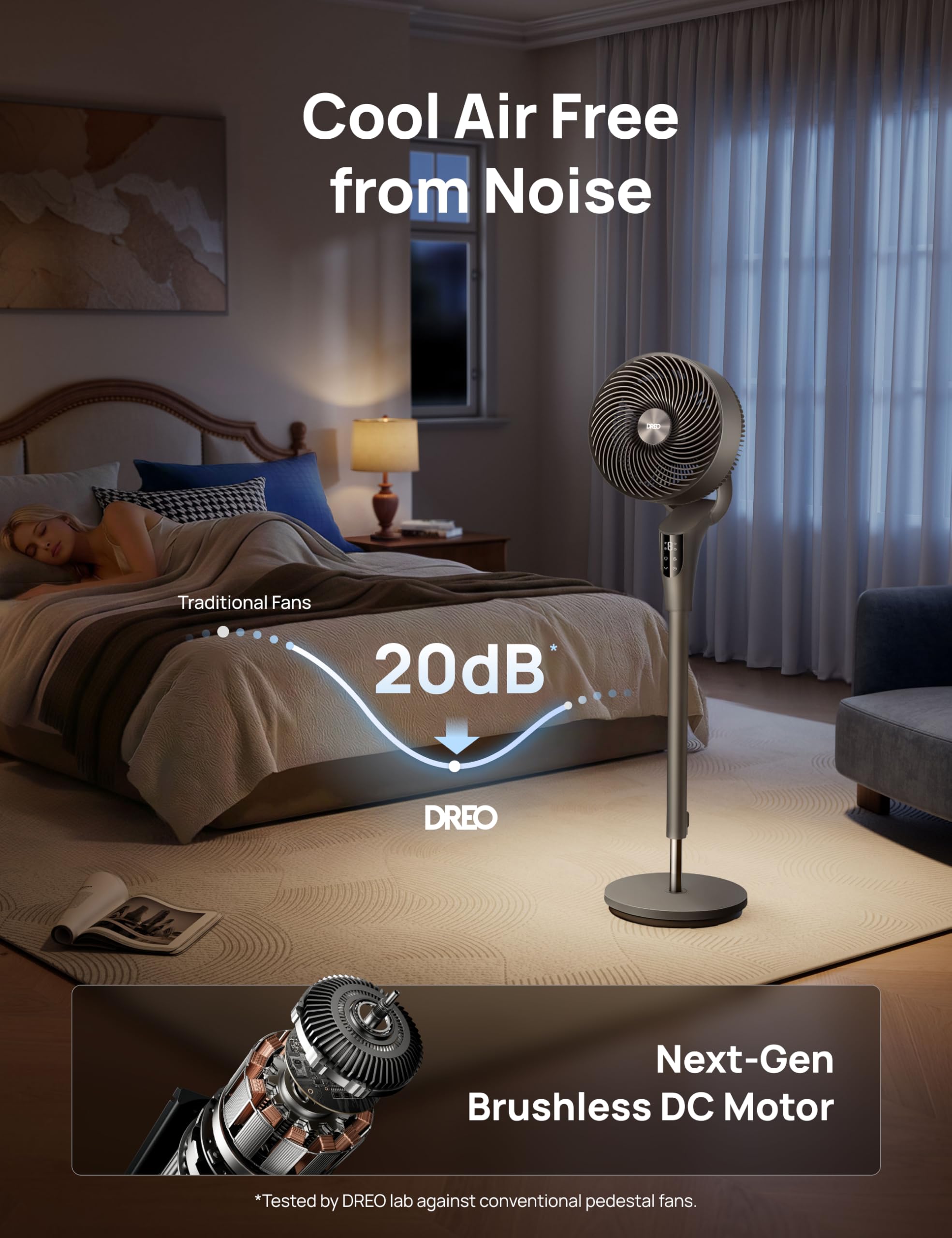 DREO Fan for Bedroom, 2026 Upgraded, 90ft Airflow, 20dB Quiet Fan, 90° Oscillating Standing Fan for Whole Room, DC Motor, 8+H Speeds, 3 Modes, 38-42'' Adjustable Height, 8H Timer, 105° Manual Vertical