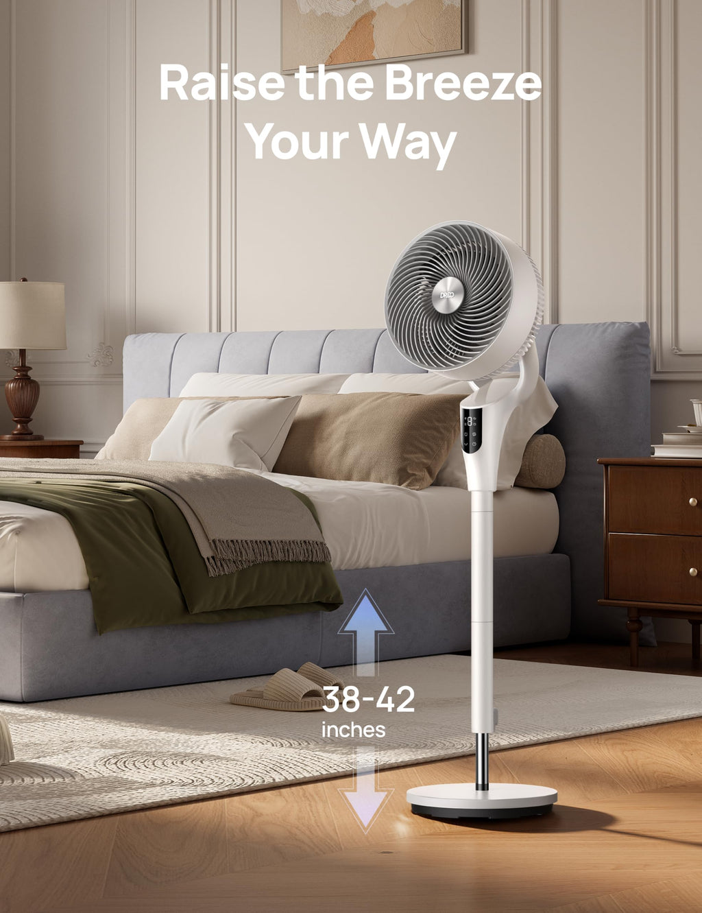 DREO Fan for Bedroom, 2026 Upgraded, 90ft Airflow, 20dB Quiet Fan, 90° Oscillating Standing Fan for Whole Room, DC Motor, 8+H Speeds, 3 Modes, 38-42'' Adjustable Height, 8H Timer, 105° Manual Vertical