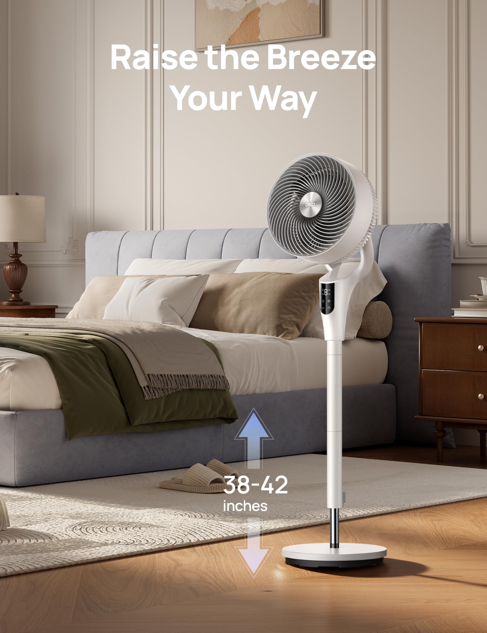 DREO Fan for Bedroom, 2026 Upgraded, 90ft Airflow, 20dB Quiet Fan, 90° Oscillating Standing Fan for Whole Room, DC Motor, 8+H Speeds, 3 Modes, 38-42'' Adjustable Height, 8H Timer, 105° Manual Vertical