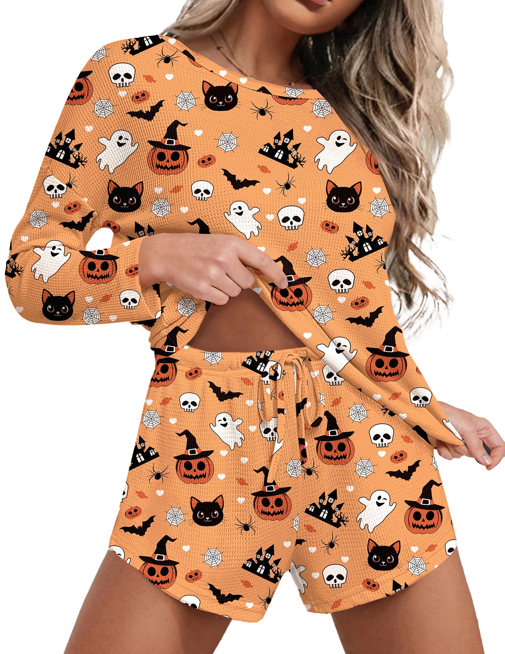 Ekouaer Womens Waffle Knit Pajama Sets Long Sleeve Top and Shorts Matching Lounge Set Loungewear Sweatsuit with Pockets