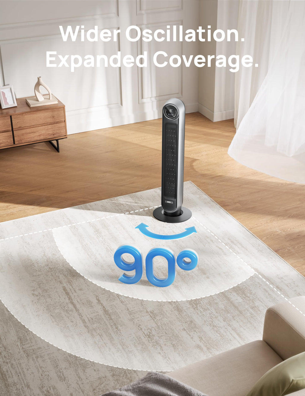 DREO Tower Fan for Bedroom, 28ft/s Velocity, 20dB Ultra Quiet, 8 Speeds | 2026 Upgraded DC Motor, 90° Oscillating, 4 Modes Standing Fan, Bladeless Fan for Indoors, Floor Fans with Remote, Black