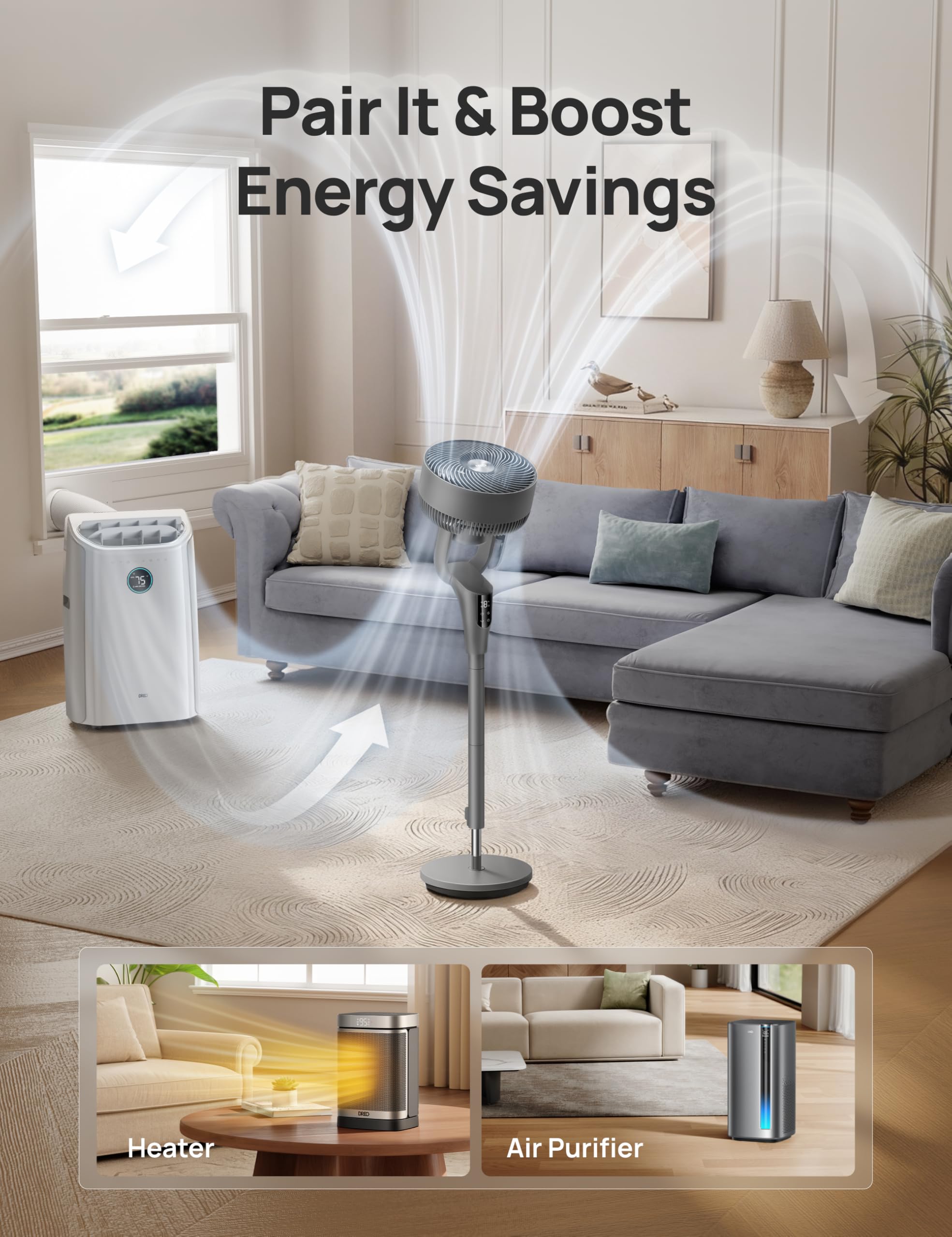 DREO Fan for Bedroom, 2026 Upgraded, 90ft Airflow, 20dB Quiet Fan, 90° Oscillating Standing Fan for Whole Room, DC Motor, 8+H Speeds, 3 Modes, 38-42'' Adjustable Height, 8H Timer, 105° Manual Vertical