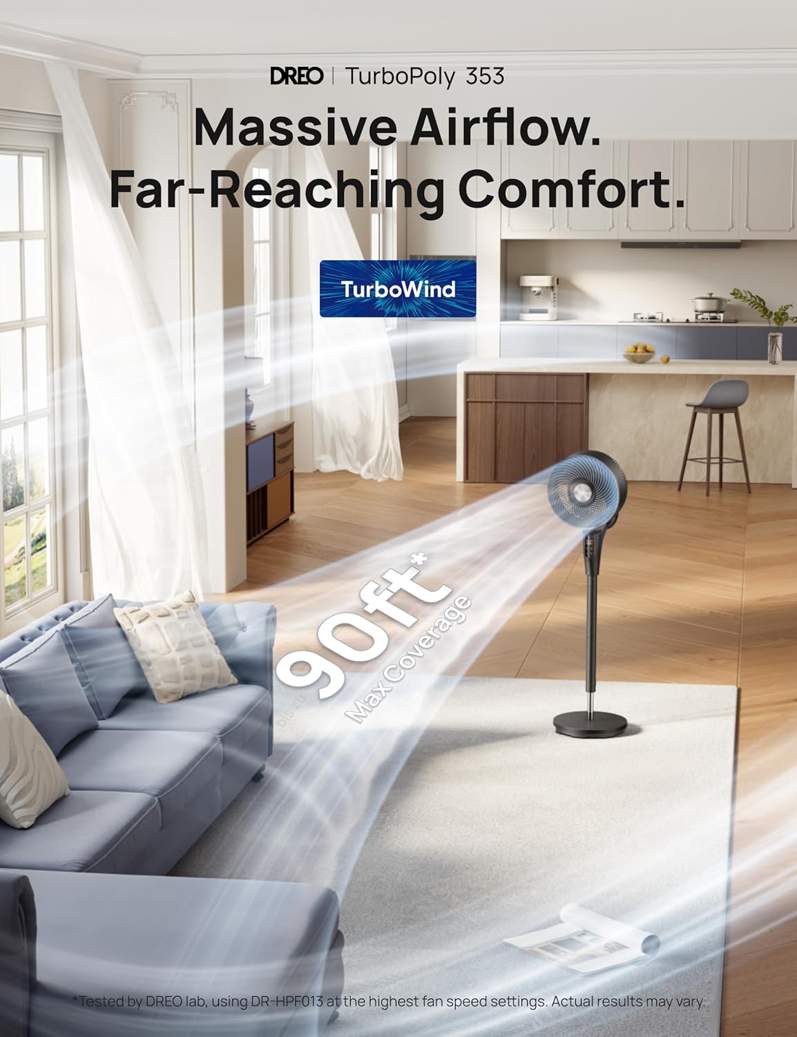 DREO Fan for Bedroom, 2026 Upgraded, 90ft Airflow, 20dB Quiet Fan, 90° Oscillating Standing Fan for Whole Room, DC Motor, 8+H Speeds, 3 Modes, 38-42'' Adjustable Height, 8H Timer, 105° Manual Vertical