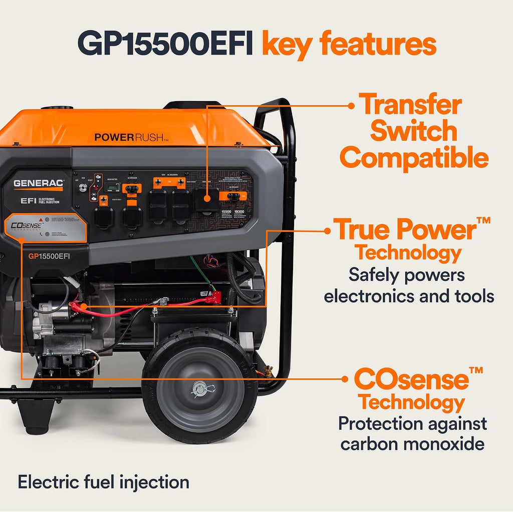 Generac 19,300 Starting Watt Portable Gas Generator, Electric Start | 15,000 Running Watts, RV Ready, Ultra Quiet Operation, Heavy Duty Frame, Emergency Power, 49 State Compliant