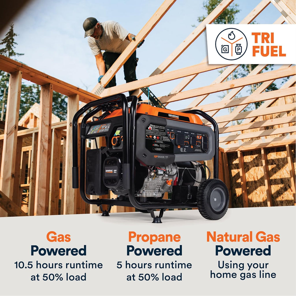 Generac 12,500 Starting Watt Tri-Fuel Portable Generator, Electric Start | Gas, Propane, Or Natural Gas Fuel Options, COsense CO Detection, 9.5 Hour Runtime, Emergency Home Backup, 49 State Compliant