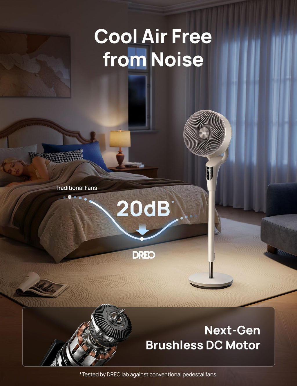 DREO Fan for Bedroom, 2026 Upgraded, 90ft Airflow, 20dB Quiet Fan, 90° Oscillating Standing Fan for Whole Room, DC Motor, 8+H Speeds, 3 Modes, 38-42'' Adjustable Height, 8H Timer, 105° Manual Vertical