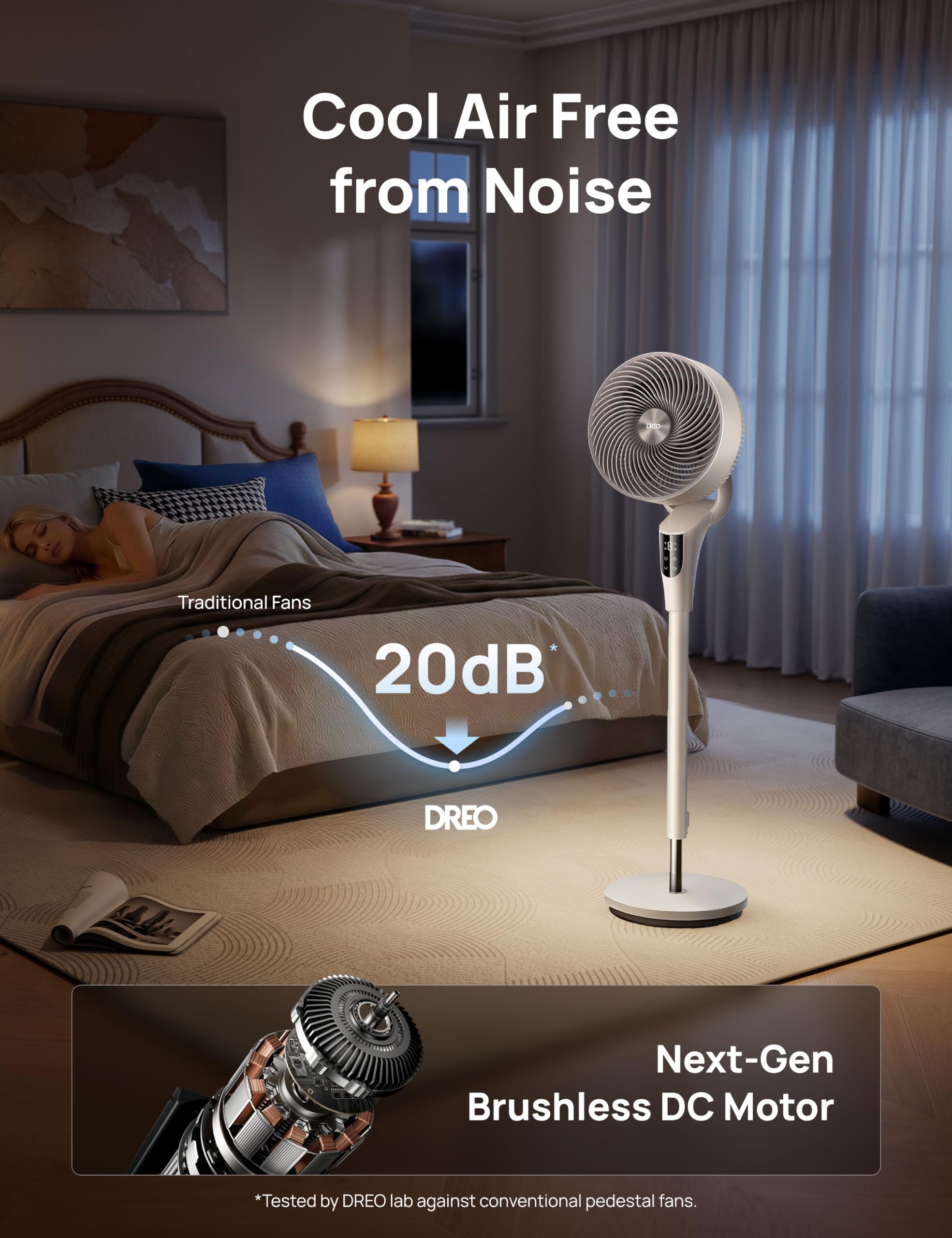 DREO Fan for Bedroom, 2026 Upgraded, 90ft Airflow, 20dB Quiet Fan, 90° Oscillating Standing Fan for Whole Room, DC Motor, 8+H Speeds, 3 Modes, 38-42'' Adjustable Height, 8H Timer, 105° Manual Vertical