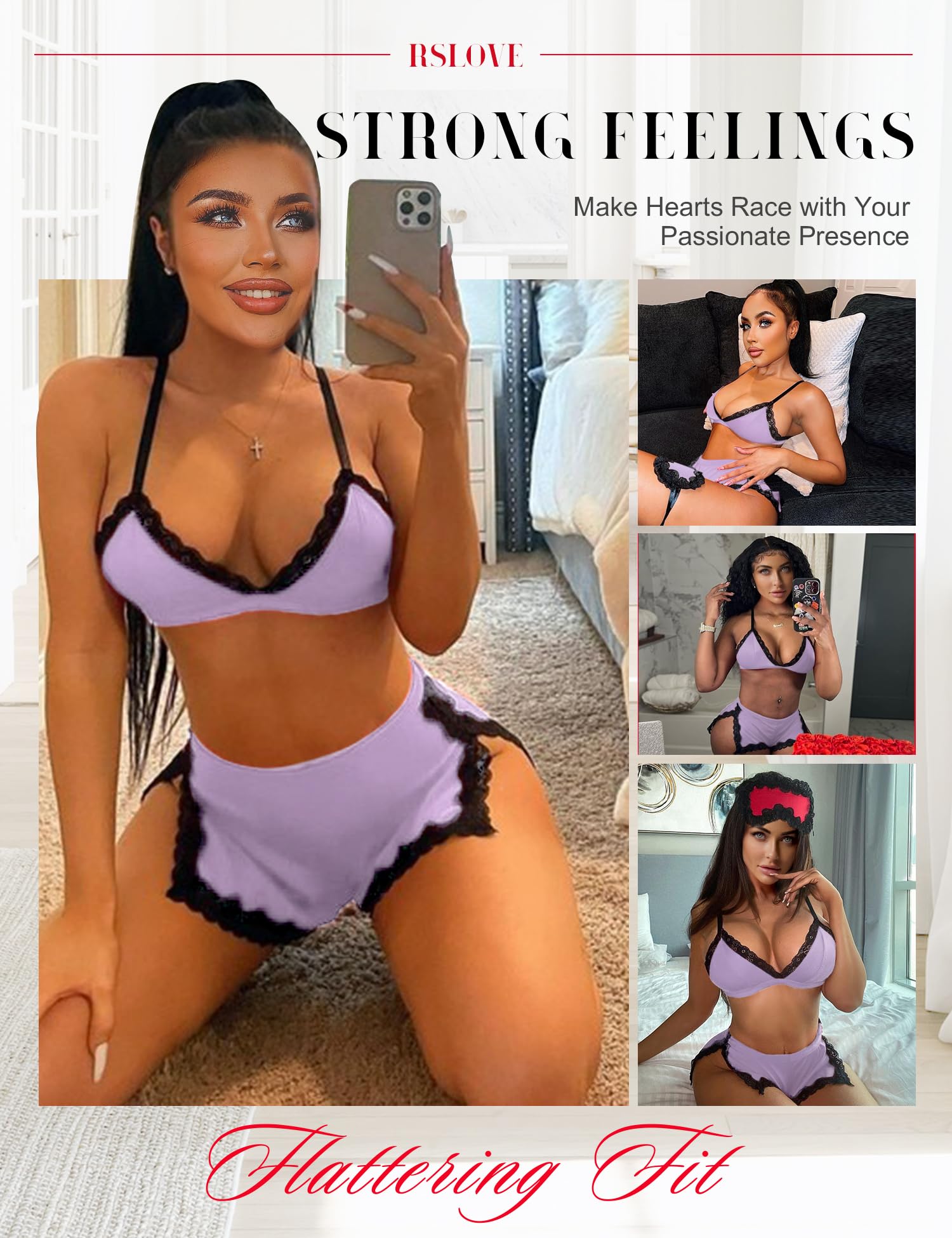 RSLOVE Sexy Pajamas for Women Soft Lingerie Set Lace Trim Sleepwear 2 piece Pjs Shorts Set