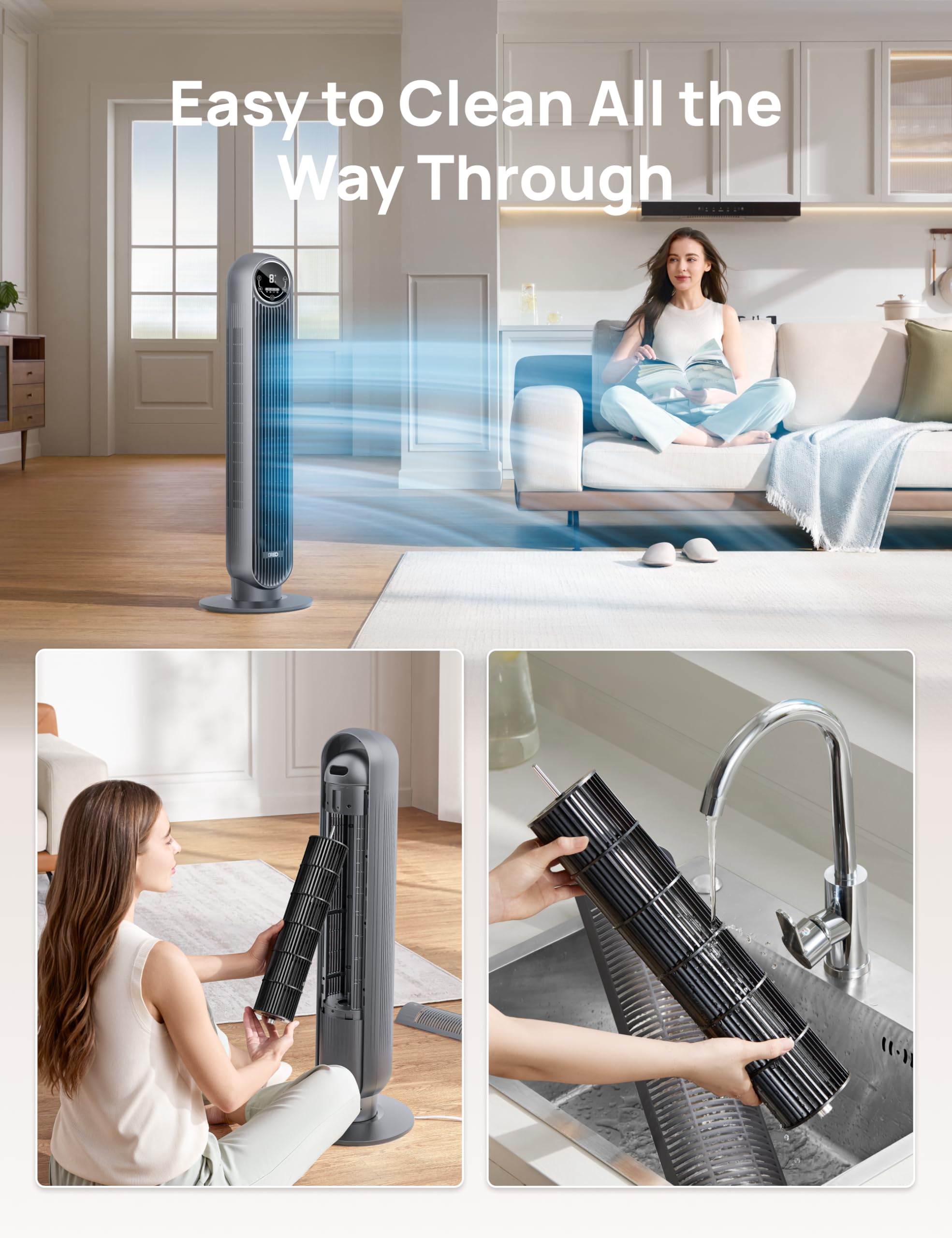 DREO Tower Fan for Bedroom, 28ft/s Velocity, 20dB Ultra Quiet, 8 Speeds | 2026 Upgraded DC Motor, 90° Oscillating, 4 Modes Standing Fan, Bladeless Fan for Indoors, Floor Fans with Remote, Black