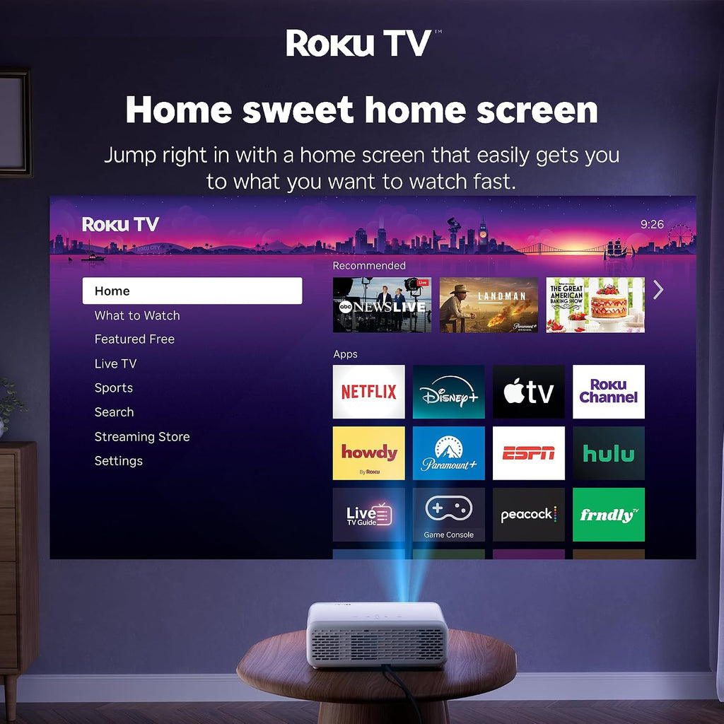 Aurzen Roku TV D1R Smart Portable Outdoor Projector with WiFi and Bluetooth | Roku TV Built-in, All Top Apps, 1080P FHD, DoIby Audio, Auto Focus & Keystone, Zoom, Mini Projector for Home & Outdoor Movies