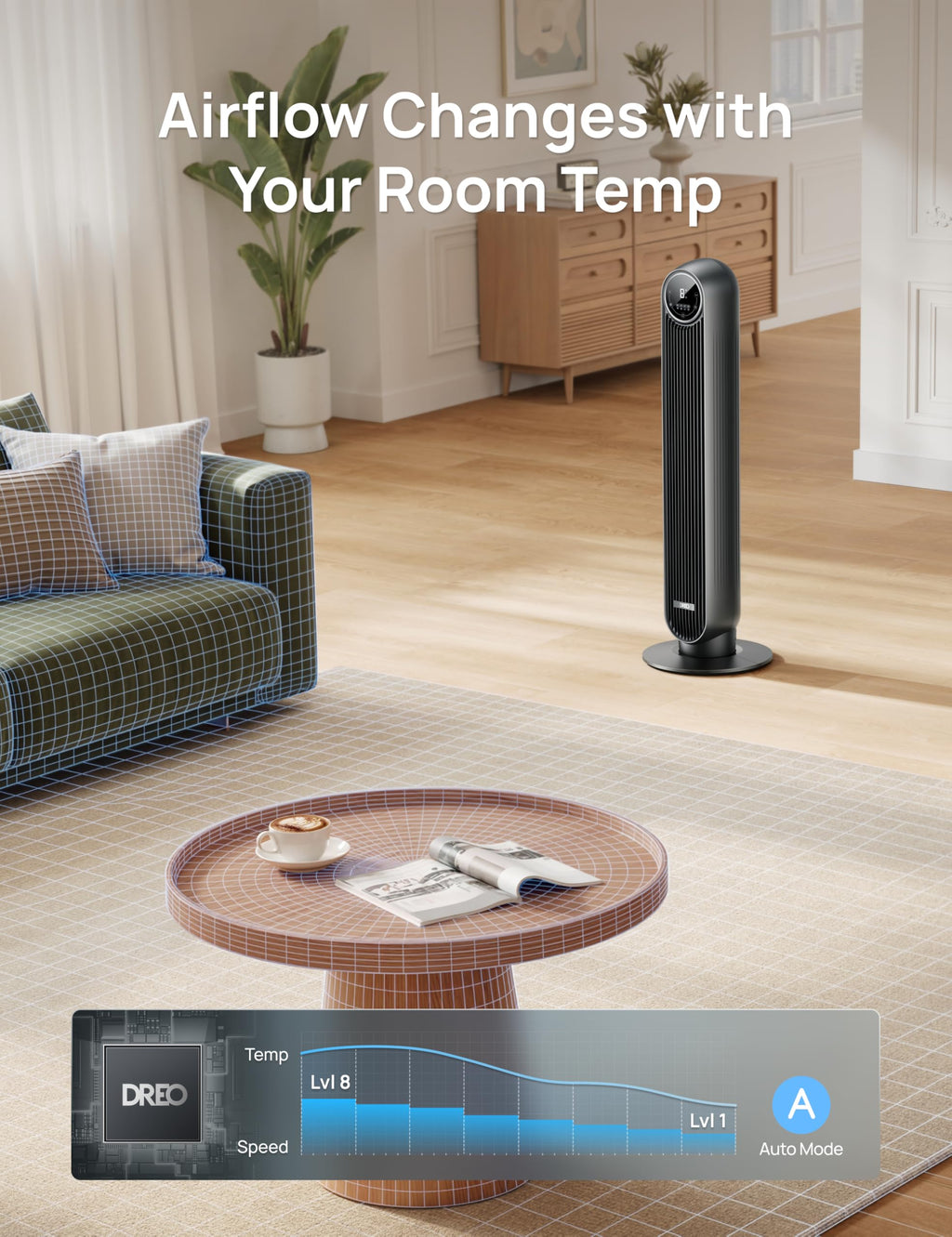 DREO Tower Fan for Bedroom, 28ft/s Velocity, 20dB Ultra Quiet, 8 Speeds | 2026 Upgraded DC Motor, 90° Oscillating, 4 Modes Standing Fan, Bladeless Fan for Indoors, Floor Fans with Remote, Black