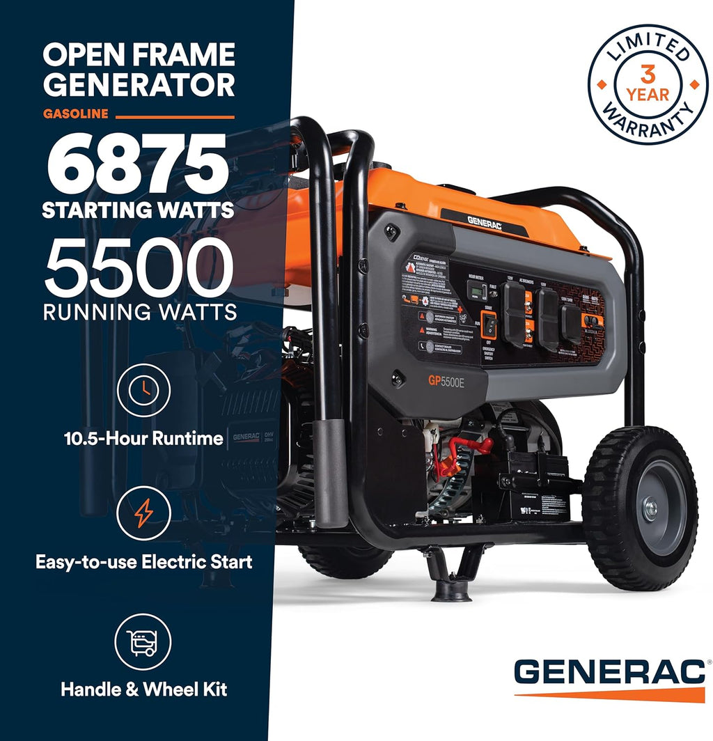 Generac 12,500 Starting Watt Tri-Fuel Portable Generator, Electric Start | Gas, Propane, Or Natural Gas Fuel Options, COsense CO Detection, 9.5 Hour Runtime, Emergency Home Backup, 49 State Compliant