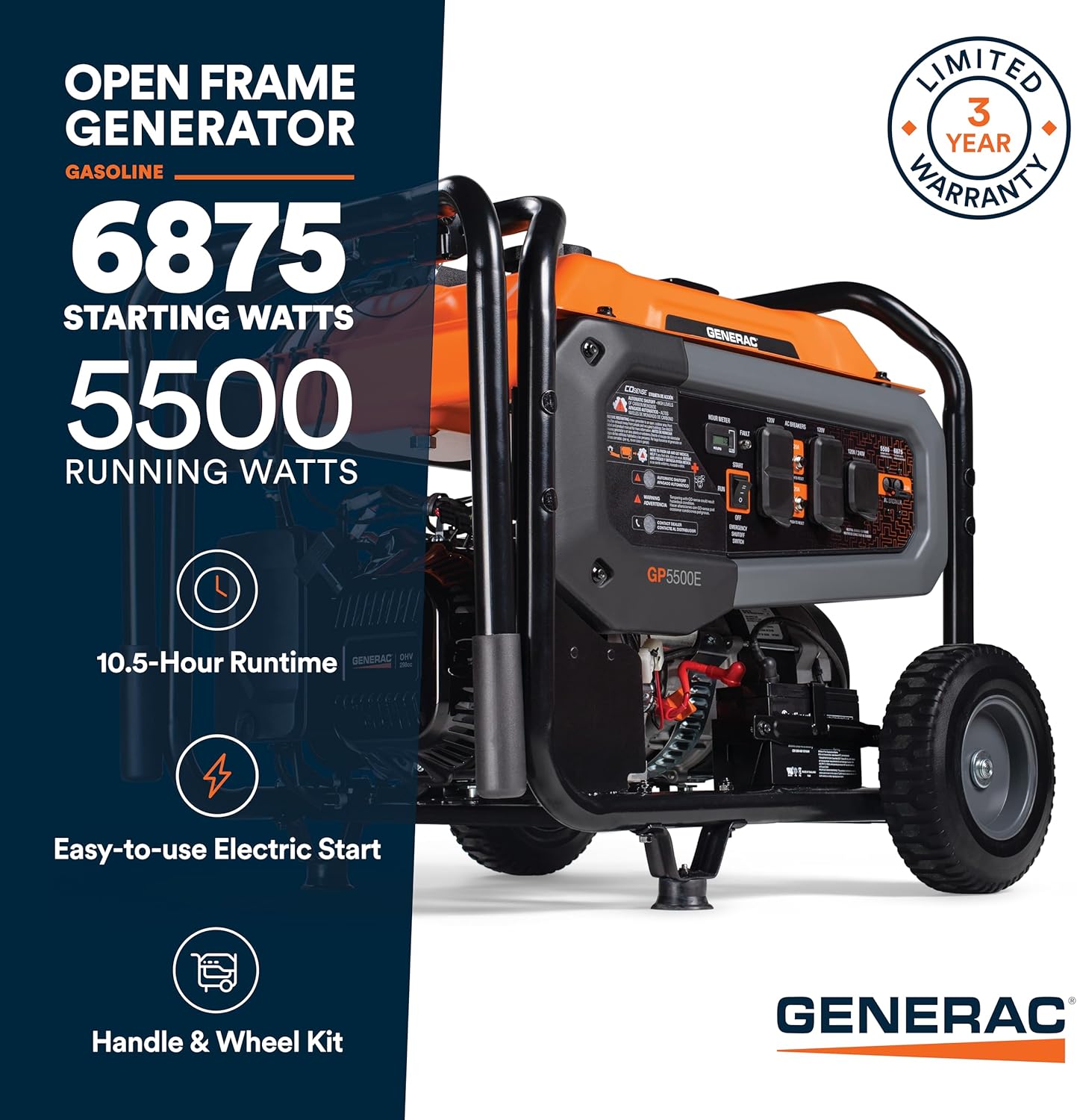 Generac 12,500 Starting Watt Tri-Fuel Portable Generator, Electric Start | Gas, Propane, Or Natural Gas Fuel Options, COsense CO Detection, 9.5 Hour Runtime, Emergency Home Backup, 49 State Compliant
