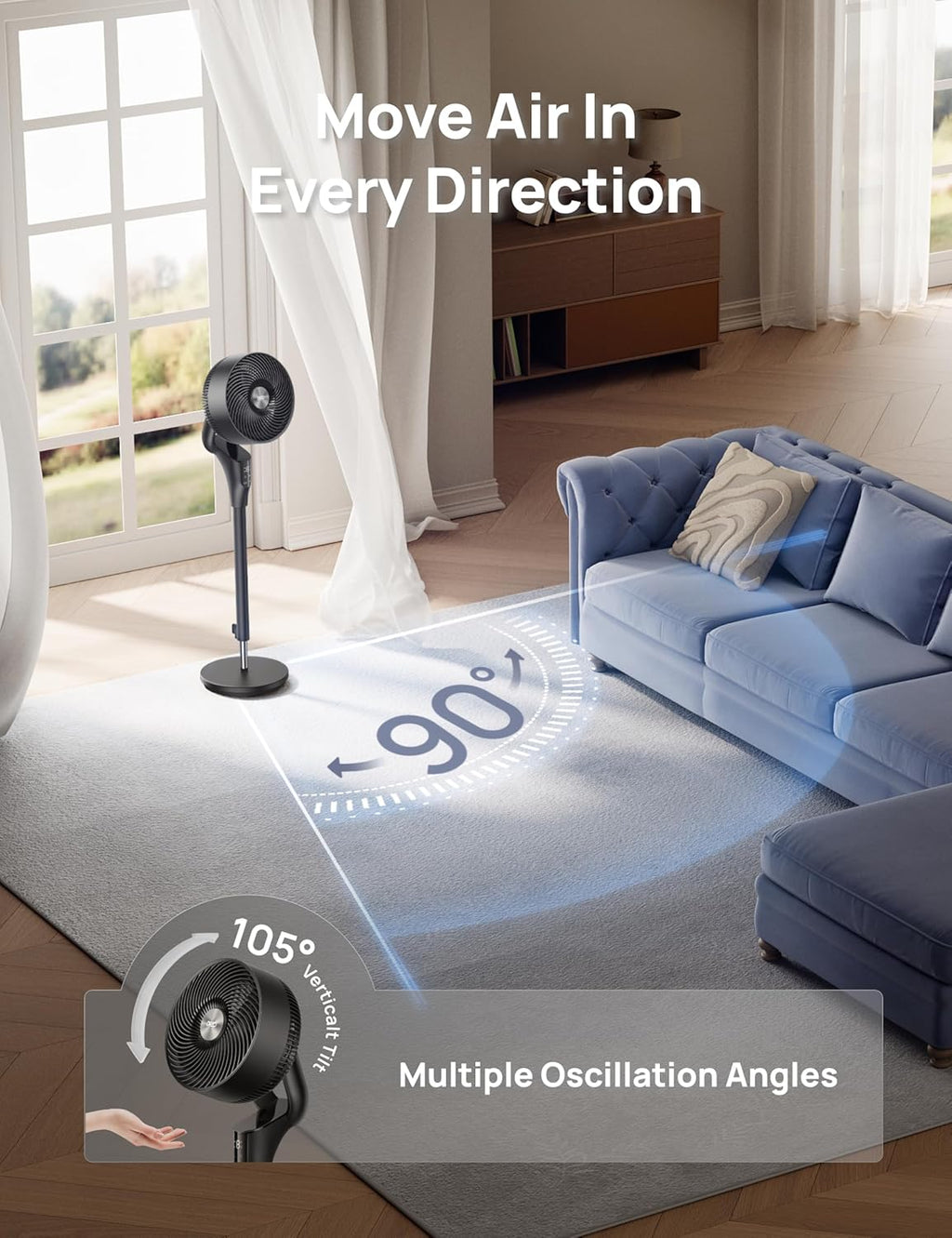 DREO Fan for Bedroom, 2026 Upgraded, 90ft Airflow, 20dB Quiet Fan, 90° Oscillating Standing Fan for Whole Room, DC Motor, 8+H Speeds, 3 Modes, 38-42'' Adjustable Height, 8H Timer, 105° Manual Vertical