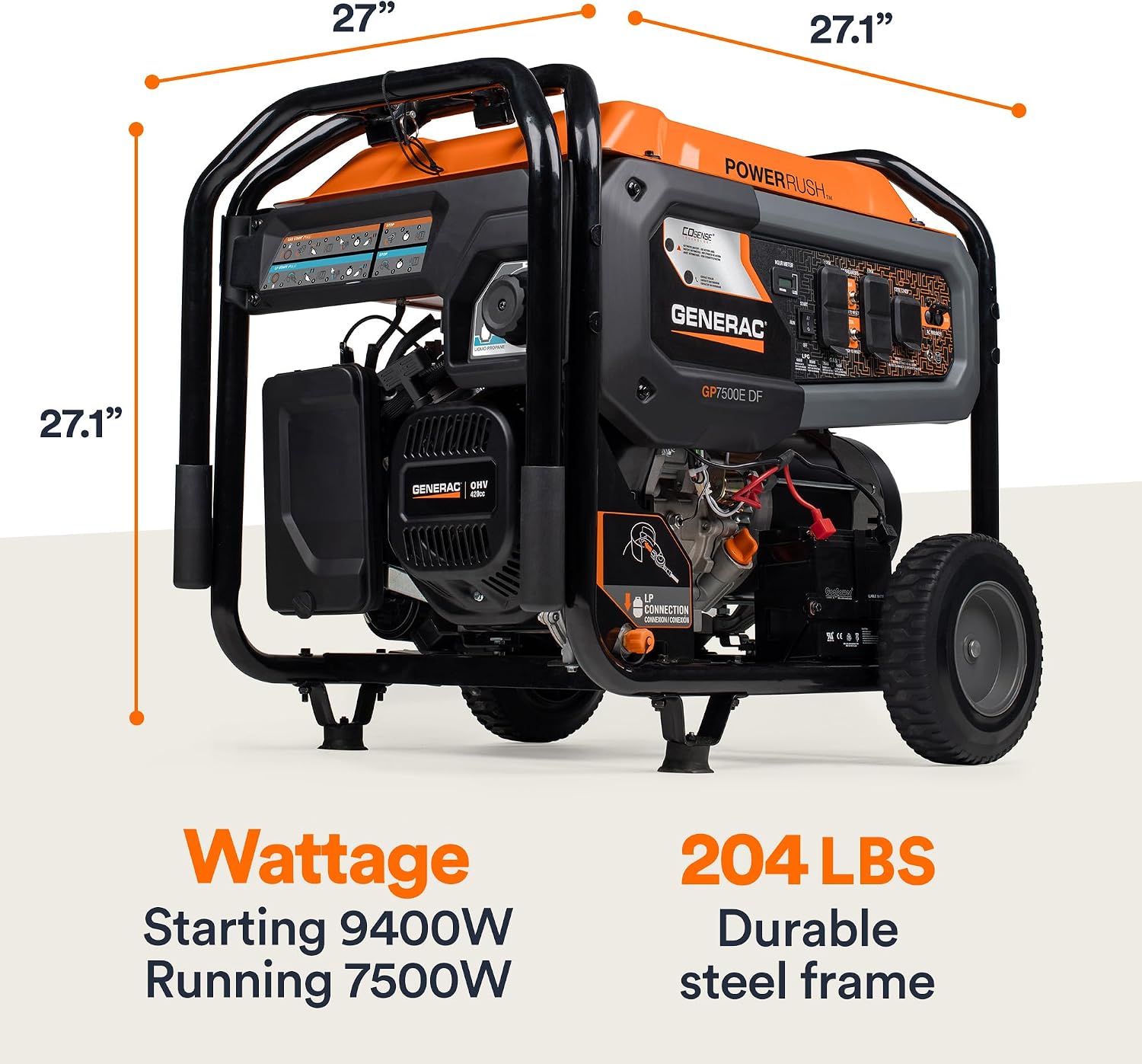 Generac 12,500 Starting Watt Tri-Fuel Portable Generator, Electric Start | Gas, Propane, Or Natural Gas Fuel Options, COsense CO Detection, 9.5 Hour Runtime, Emergency Home Backup, 49 State Compliant