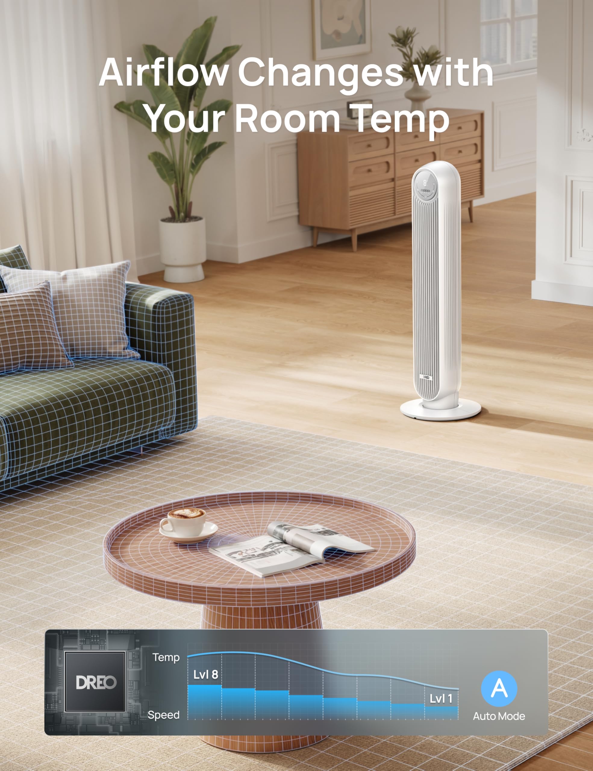 DREO Tower Fan for Bedroom, 28ft/s Velocity, 20dB Ultra Quiet, 8 Speeds | 2026 Upgraded DC Motor, 90° Oscillating, 4 Modes Standing Fan, Bladeless Fan for Indoors, Floor Fans with Remote, Black