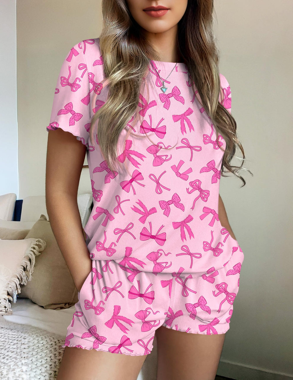 Ekouaer Womens Pajamas 2 Piece Ribbed Knit Pjs Short Sleeve Lounge Sets | Soft Pajama Set with Ruffled cuffs hem, Casual Loungewear Sets, ideal for Home relaxation, Wedding, Party, Daily Wear