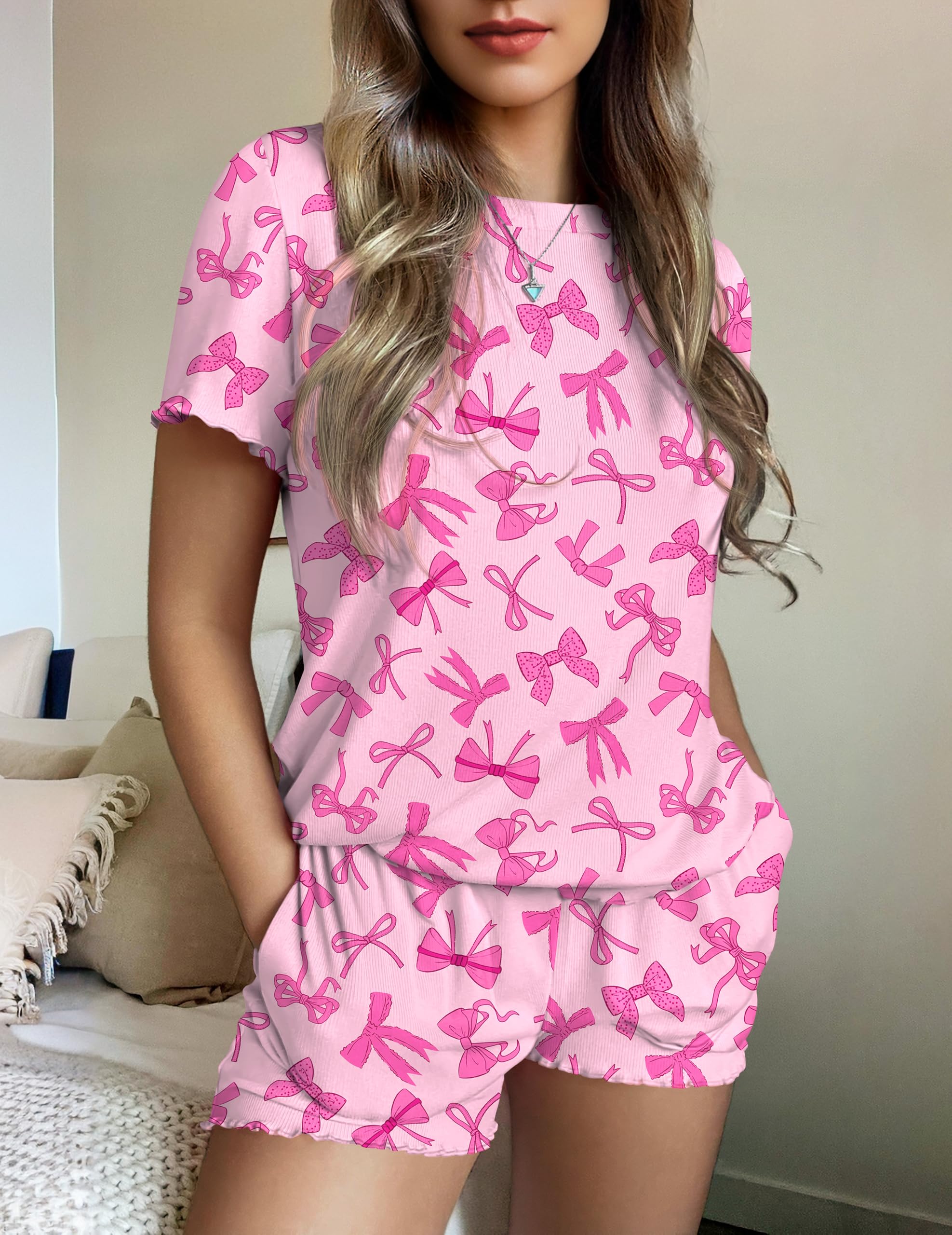 Ekouaer Womens Pajamas 2 Piece Ribbed Knit Pjs Short Sleeve Lounge Sets | Soft Pajama Set with Ruffled cuffs hem, Casual Loungewear Sets, ideal for Home relaxation, Wedding, Party, Daily Wear