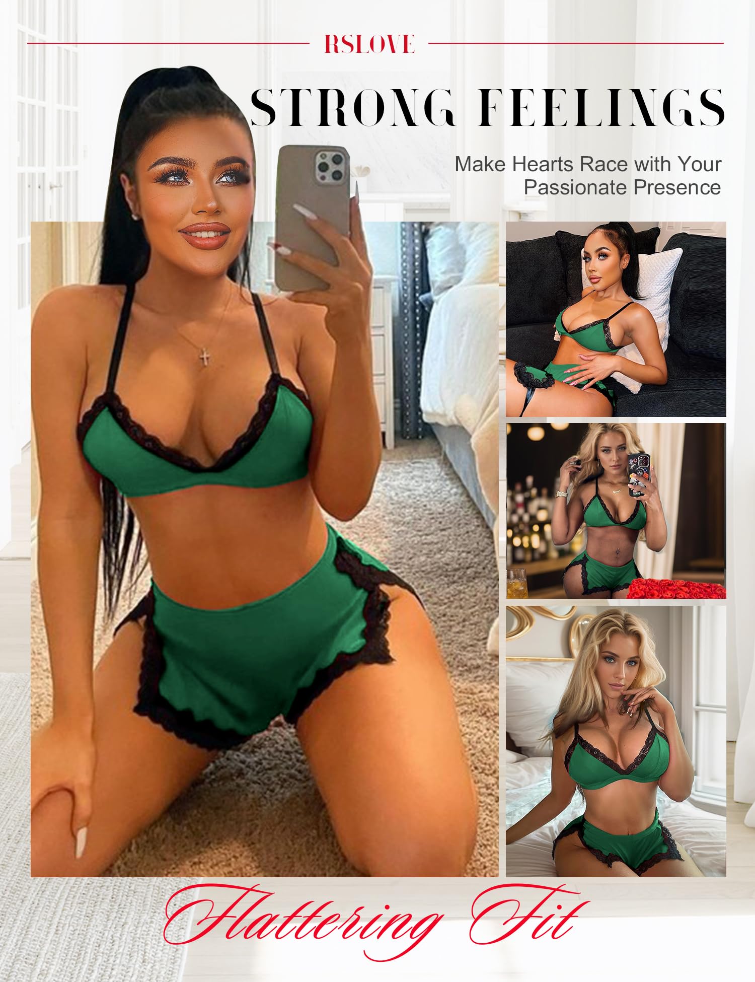 RSLOVE Sexy Pajamas for Women Soft Lingerie Set Lace Trim Sleepwear 2 piece Pjs Shorts Set