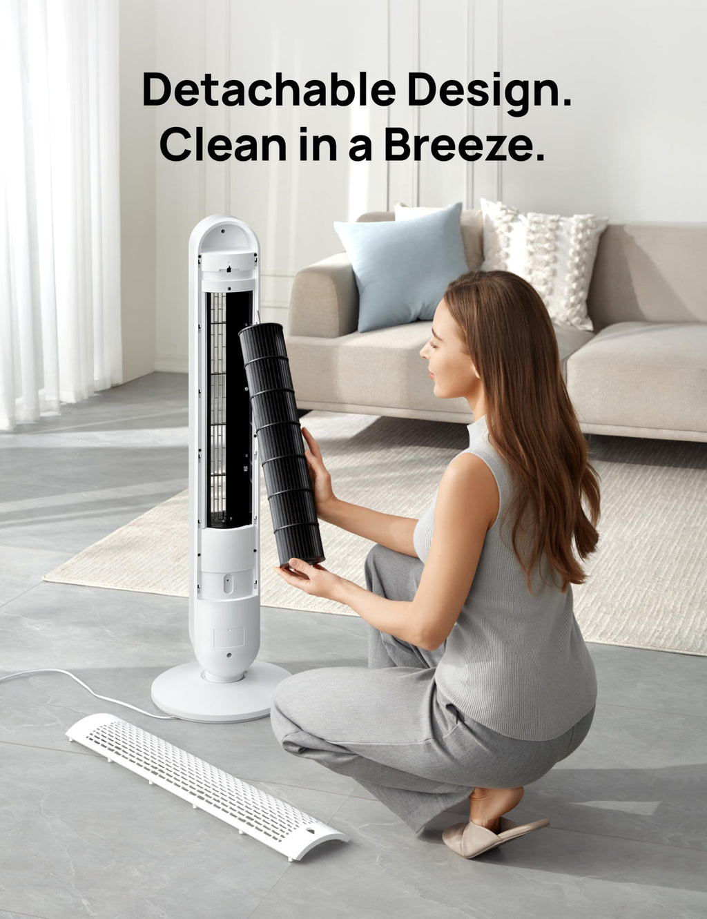 DREO Tower Fan for Bedroom, 28ft/s Velocity, 20dB Ultra Quiet, 8 Speeds | 2026 Upgraded DC Motor, 90° Oscillating, 4 Modes Standing Fan, Bladeless Fan for Indoors, Floor Fans with Remote, Black