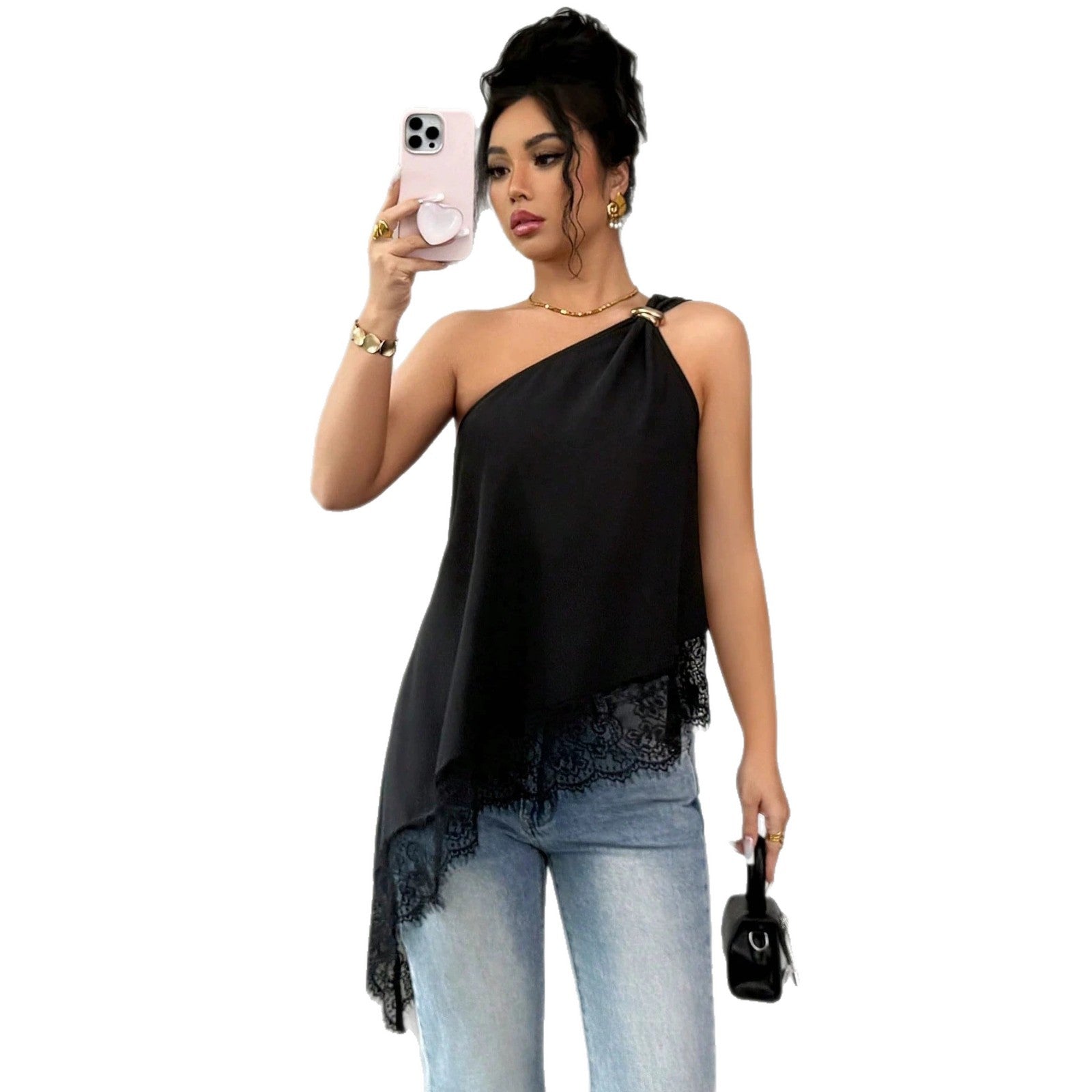 Slanted shoulder metal buckle lace patchwork irregular loose vest for women