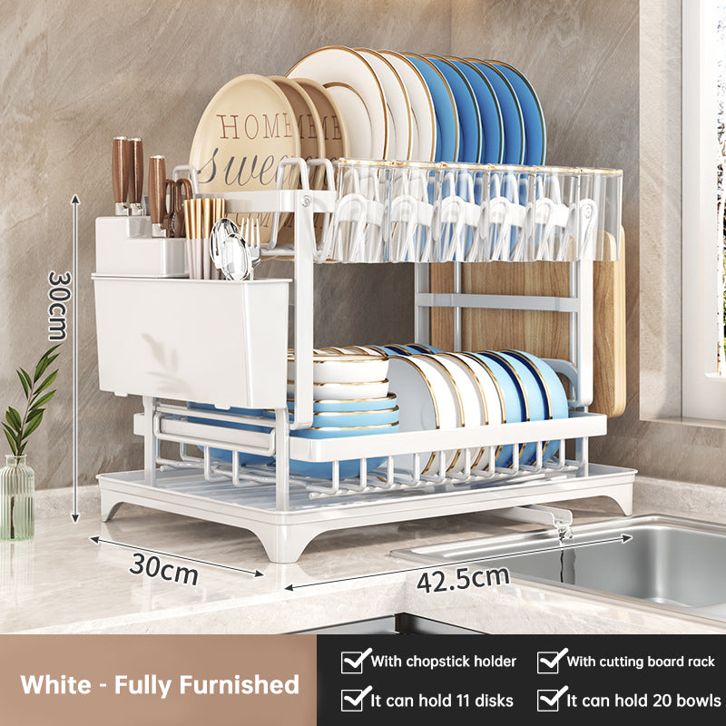 2-Tier Large Capacity Dish Drying Rack, Rustproof Carbon Steel Kitchen Sink Drainer with Cutting Board & Utensil Holder