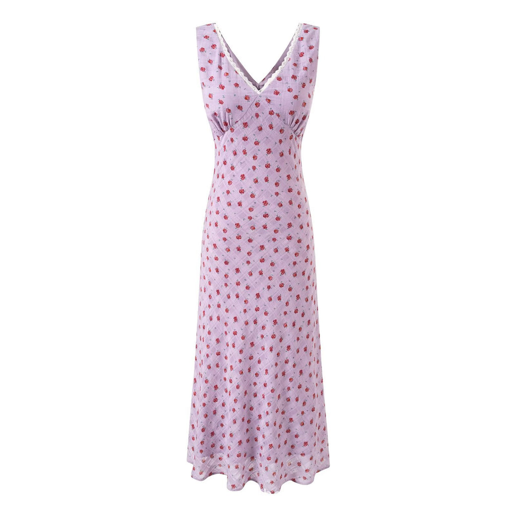 Vintage V-Neck Slim-Fitting Sleeveless Floral Dress