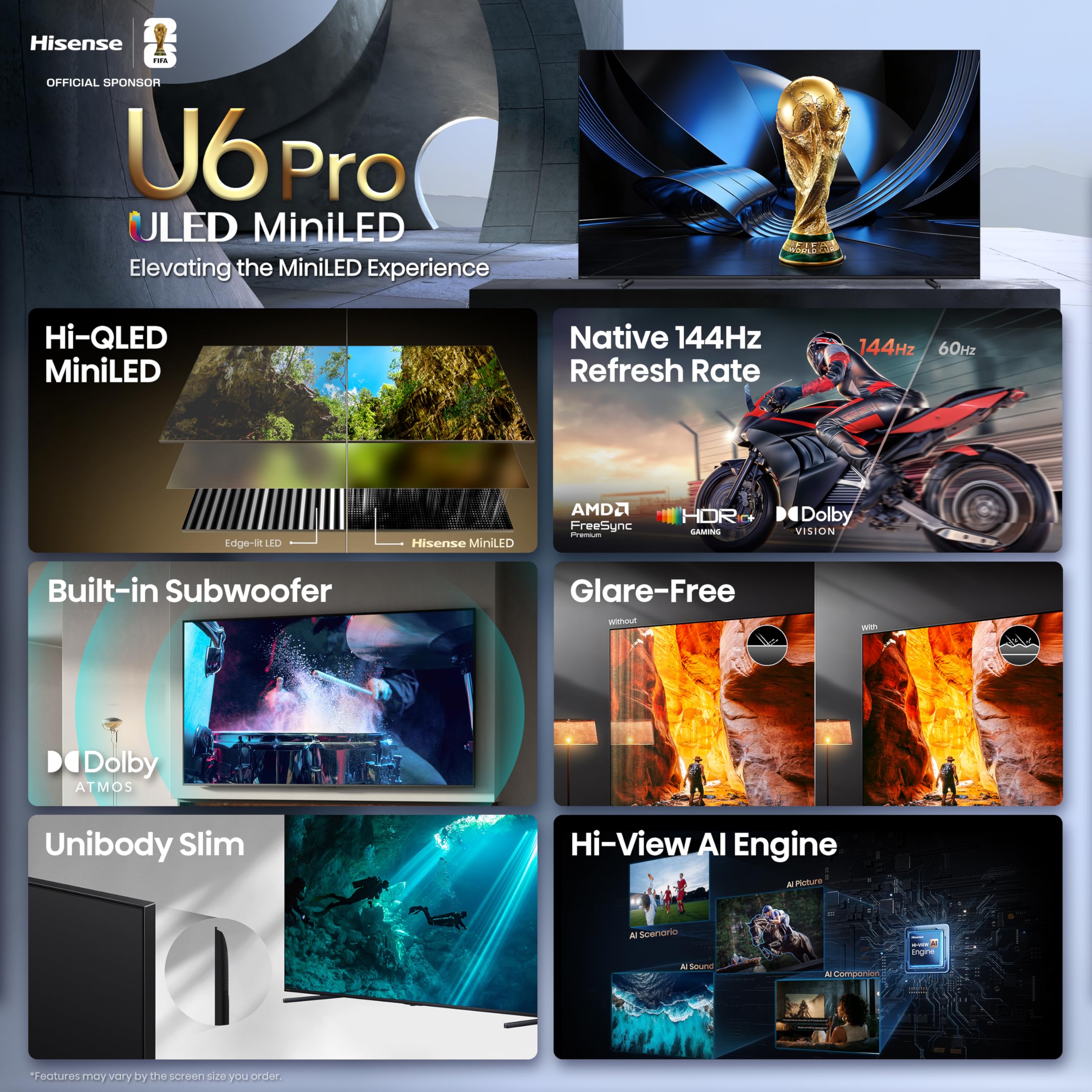 Hisense 75" U6 Pro Series Mini‑LED ULED 4K UHD HDR Gaming AI Smart Fire TV (75U6SF Pro, 2026 New) – Hi-QLED, Native 144Hz, Motion Rate 480, Dolby Vision IQ · Atmos, HDR10+, Glare-Free, Alexa+