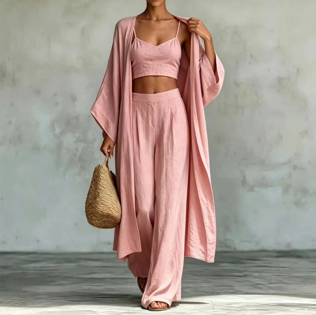 Loose cardigan short strap high waist wide leg pants set
