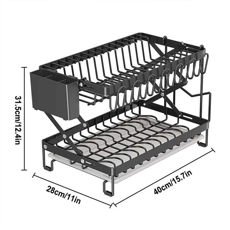 Foldable 2-Layer Kitchen Dish Rack, Large Capacity Countertop Drying Shelf for Bowls & Cutlery