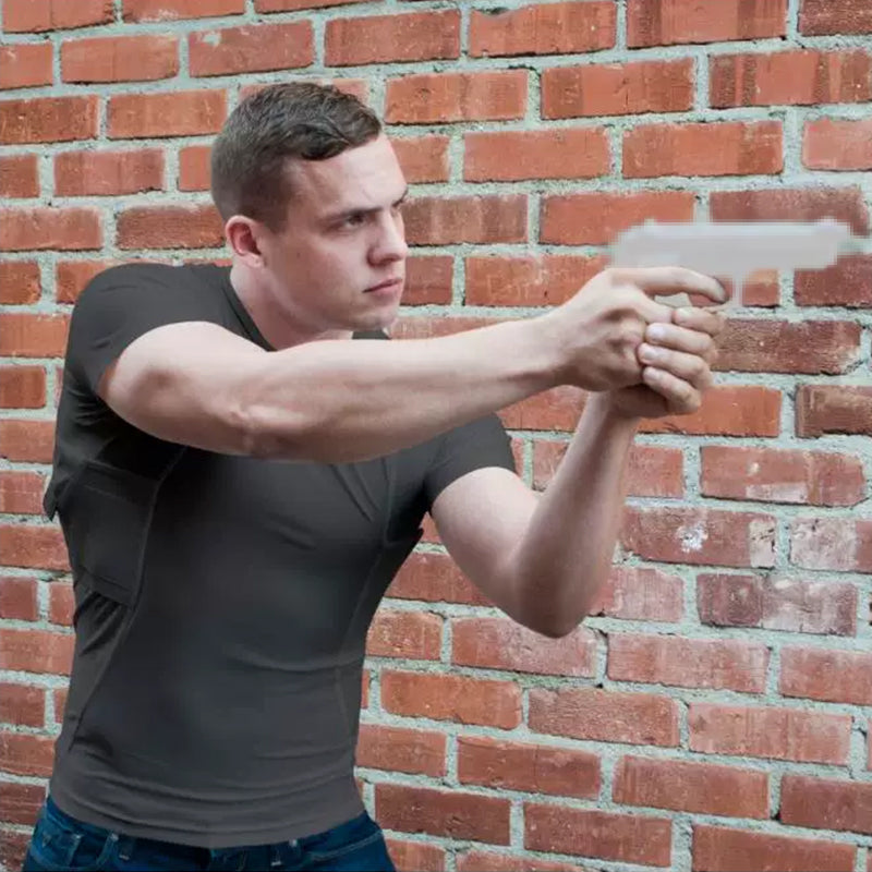 Men's Concealed Carry Holster Shirt - Short Sleeve Tactical Tee with Side Pistol Pockets, EDC Base Layer