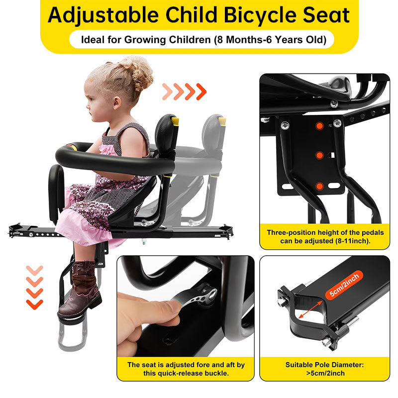 Heavy Duty Front Bicycle Child Seat - Supports 35kg - Adjustable Kids Bike Seat with 3-Point Safety Belt & Non-Slip Pedals