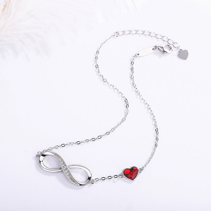S925 Sterling Silver European and American Style 8 Character Infinity Bracelet Heart Shaped Crystal Stone Jewelry
