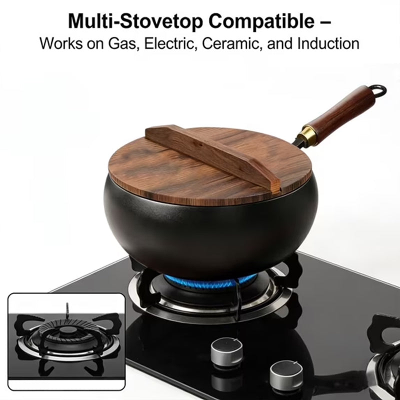 Hand-Forged Iron Wok 24/28cm Uncoated with Wood Lid for Induction Gas