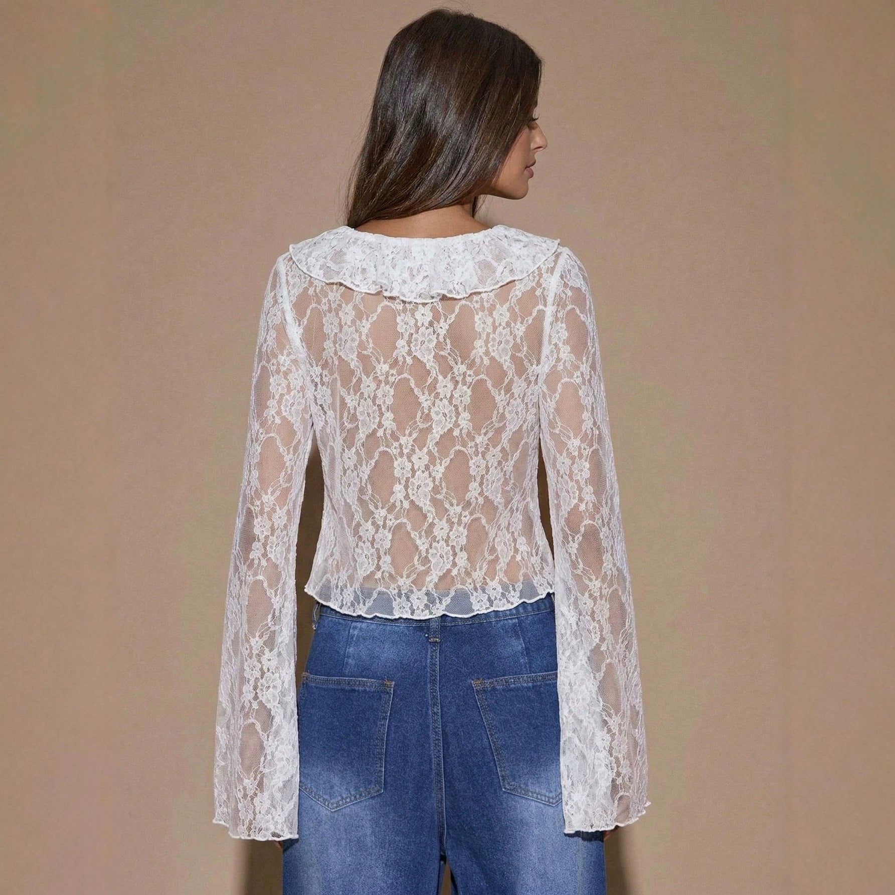 Strap and slit long sleeved V-neck lace top