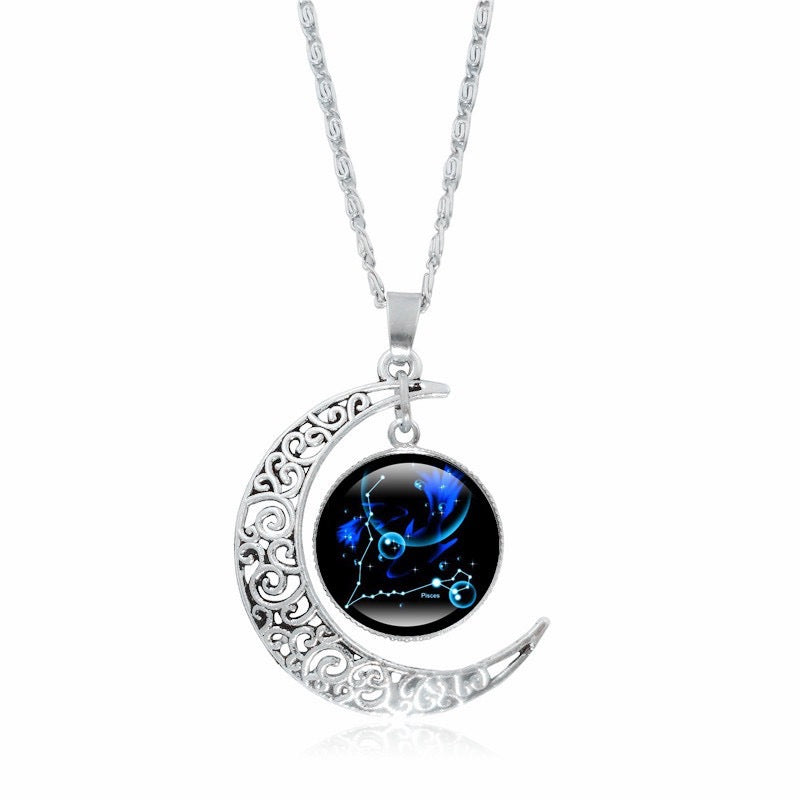 Zodiac Time Gem Luminous Necklace for Women, Simple Silver Moon Pendant Choker