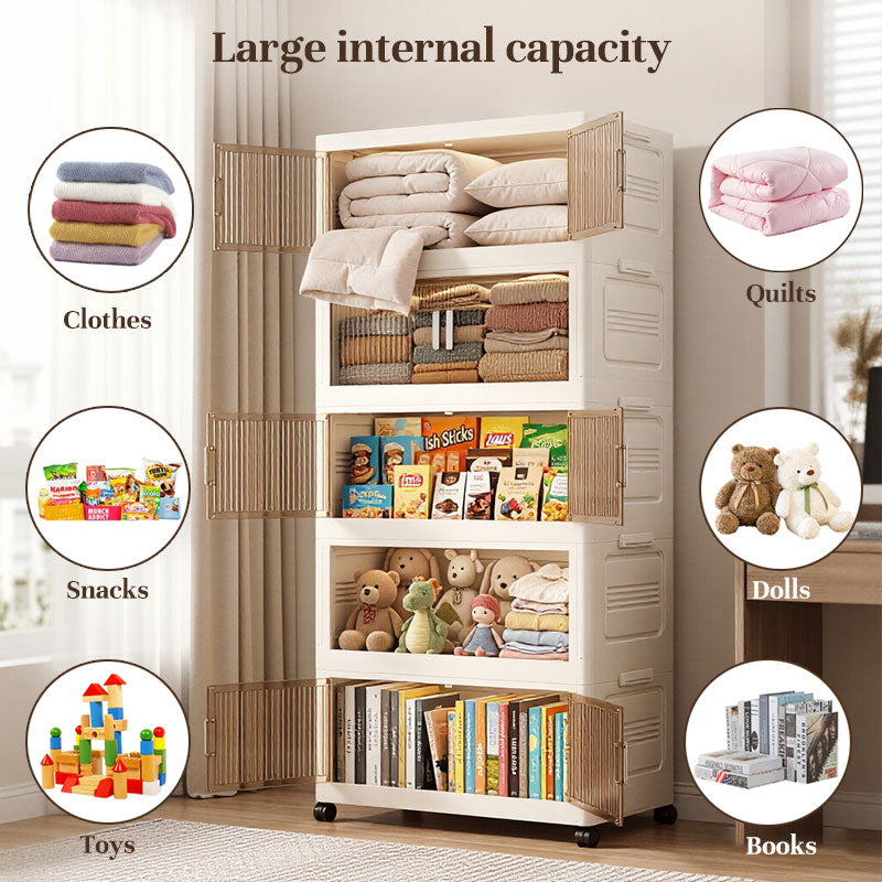 Folding Storage Cabinet with Wheels, 3/4 Tier Stackable Wardrobe Closet Organizer