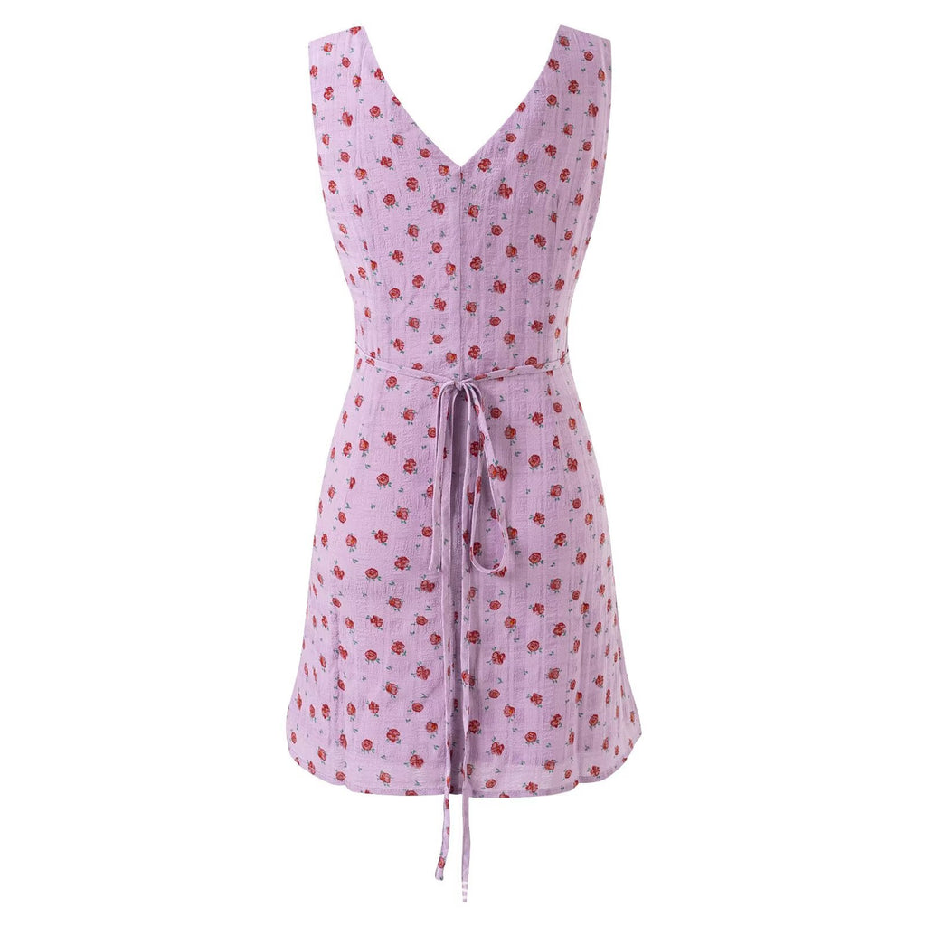 Vintage V-Neck Slim-Fitting Sleeveless Floral Dress