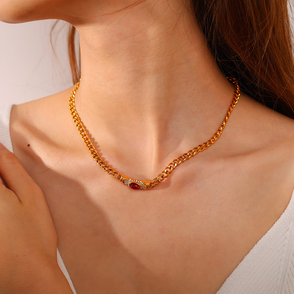 Embedded Cat's Eye Stone Necklace Retro Vintage Geometric Choker Chain