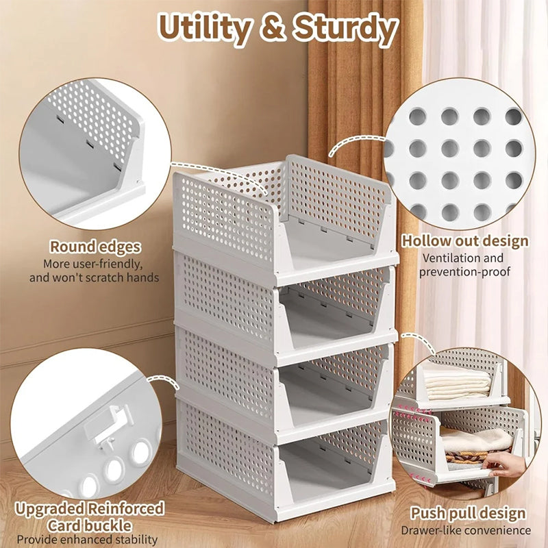 4 Pack Plastic Closet Organizer Bins, Stackable Foldable Storage Baskets with Slide-Out Rails for Clothes, Toys, T-Shirts